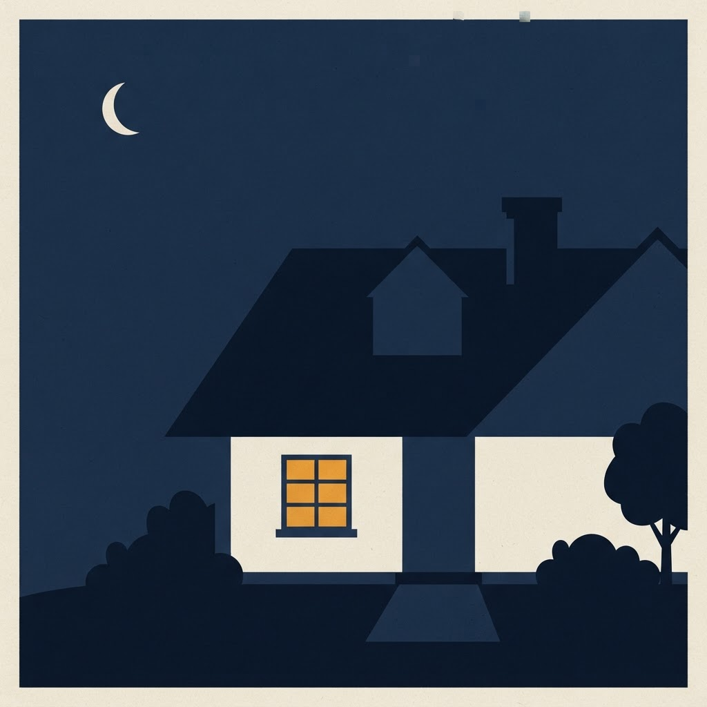 Illustration of a suburban house rooftop at night with one porch light still on