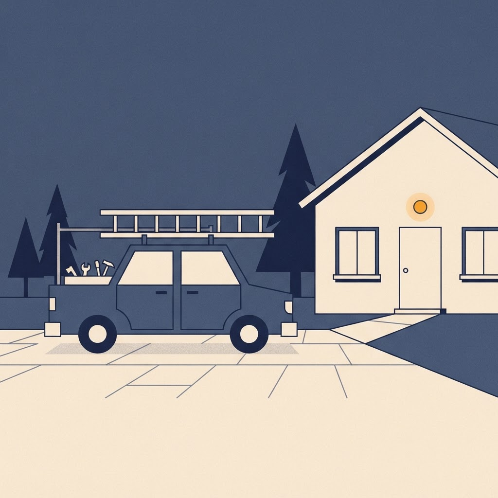 Illustration of a home services truck carrying a ladder and tools, parked on the driveway of a house at dusk with the porch light on